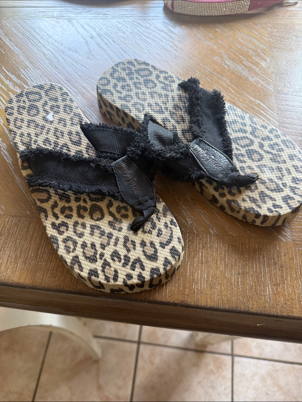 Leopard Print Platform Flip Flop Sandals with Black Frayed Straps